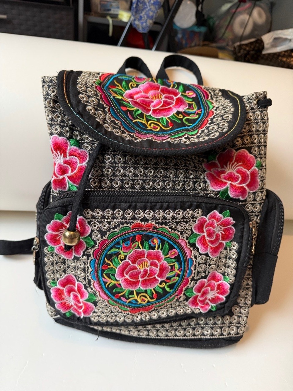 Embroidered Floral Black Canvas Backpack - Pink Floral Accent